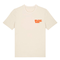Belfast Whiskey Week cream t-shirt with orange logo print on chest