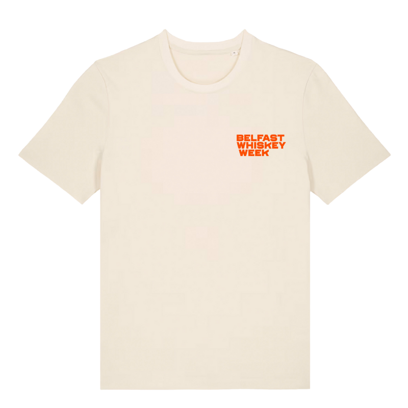 Belfast Whiskey Week cream t-shirt with orange logo print on chest