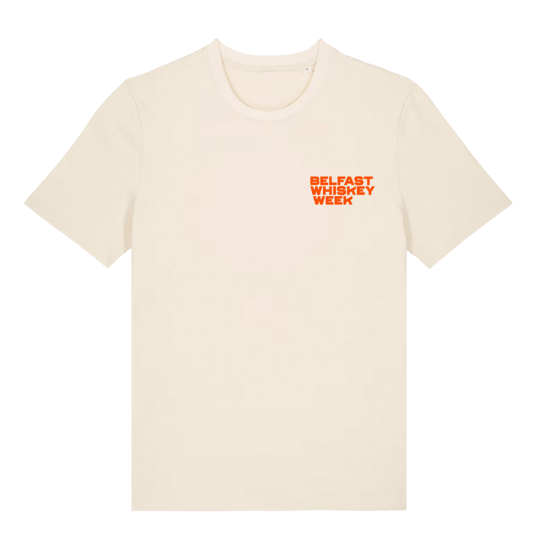 Belfast Whiskey Week cream t-shirt with orange logo print on chest