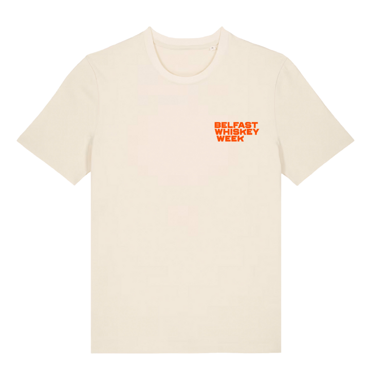 Belfast Whiskey Week cream t-shirt with orange logo print on chest