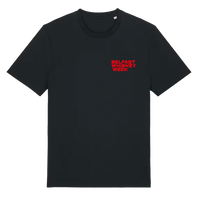 Belfast Whiskey Week black unisex t-shirt with red chest logo print, front view