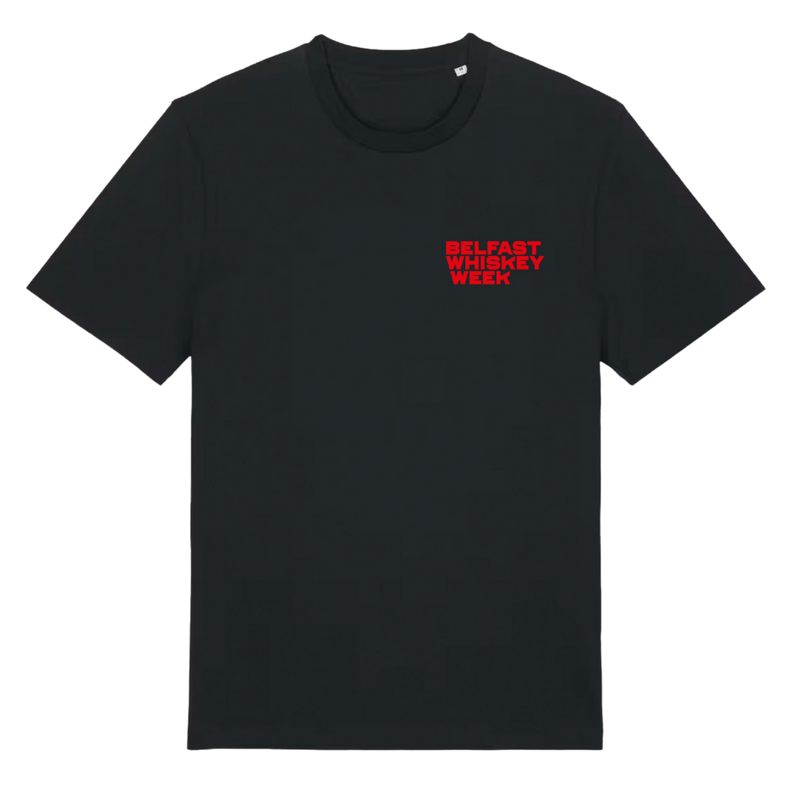 Belfast Whiskey Week black unisex t-shirt with red chest logo print, front view