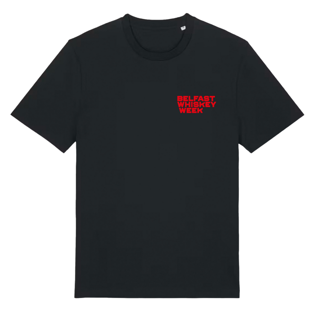 Belfast Whiskey Week black unisex t-shirt with red chest logo print, front view