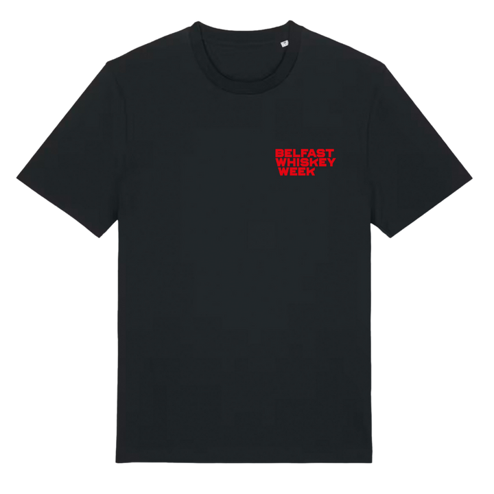 Belfast Whiskey Week black unisex t-shirt with red chest logo print, front view
