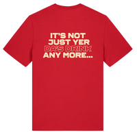 Back of red Belfast Whiskey Week T-shirt printed with "It's Not Just Yer Da's Drink Any More..."