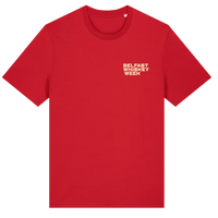 Front of red Belfast Whiskey Week T-shirt with cream chest logo, official whiskey festival merchandise