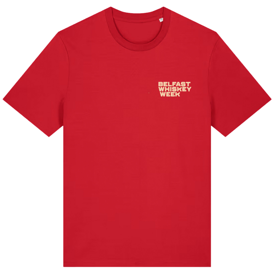 Front of red Belfast Whiskey Week T-shirt with cream chest logo, official whiskey festival merchandise