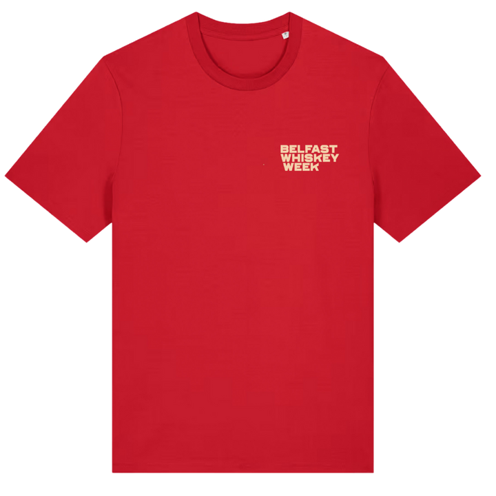 Front of red Belfast Whiskey Week T-shirt with cream chest logo, official whiskey festival merchandise