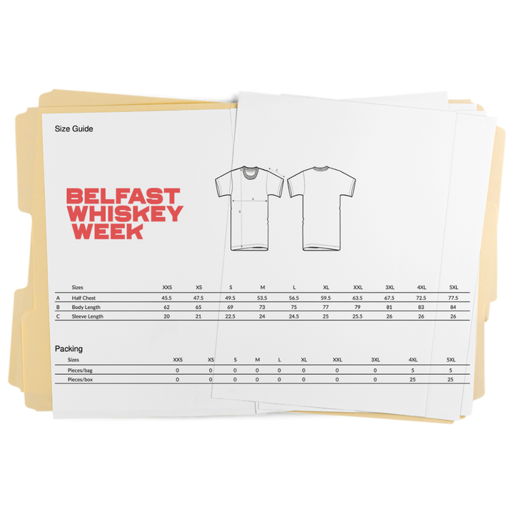 Belfast Whiskey Week official t-shirt size guide showing measurements from XXS to 5XL for chest, body and sleeve length