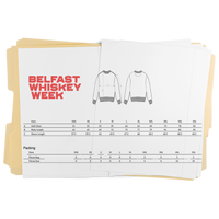 Belfast Whiskey Week sweatshirt size guide showing measurements from XXS to 5XL