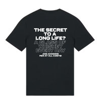 Belfast Whiskey Week black T-shirt back printed with 'The Secret to a Long Life? A Glass of Whiskey Every Day'