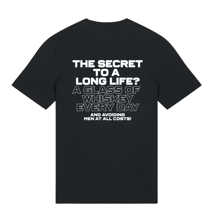 Belfast Whiskey Week black T-shirt back printed with 'The Secret to a Long Life? A Glass of Whiskey Every Day'