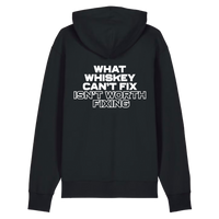 Back of black Belfast Whiskey Week hoodie with bold white slogan What Whiskey Can't Fix Isn't Worth Fixing