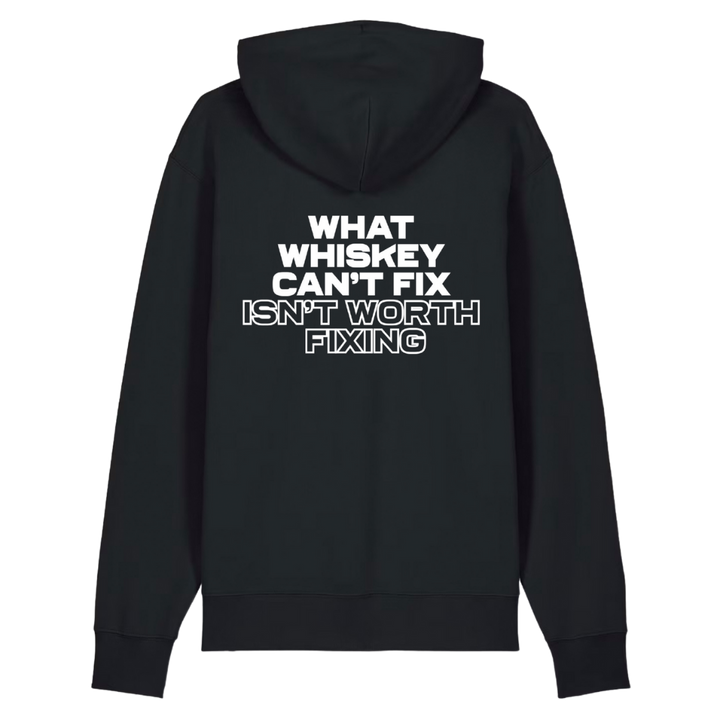 Back of black Belfast Whiskey Week hoodie with bold white slogan What Whiskey Can't Fix Isn't Worth Fixing