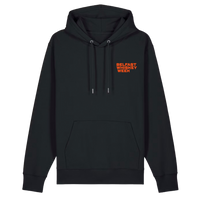 Front of black Belfast Whiskey Week hoodie featuring orange chest logo, What Whiskey Can't Fix edition