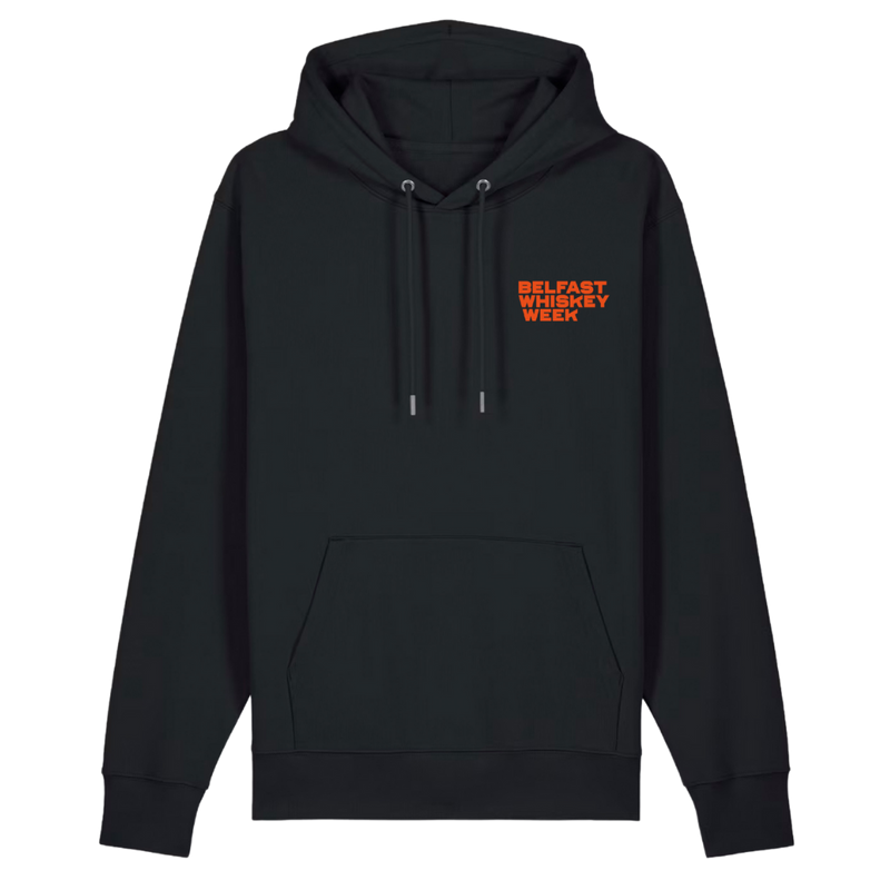 Front of black Belfast Whiskey Week hoodie featuring orange chest logo, What Whiskey Can't Fix edition