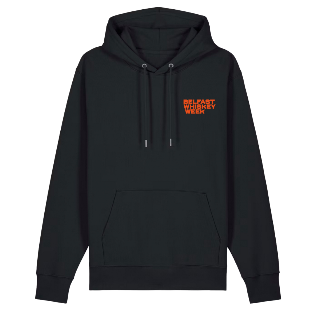 Front of black Belfast Whiskey Week hoodie featuring orange chest logo, What Whiskey Can't Fix edition