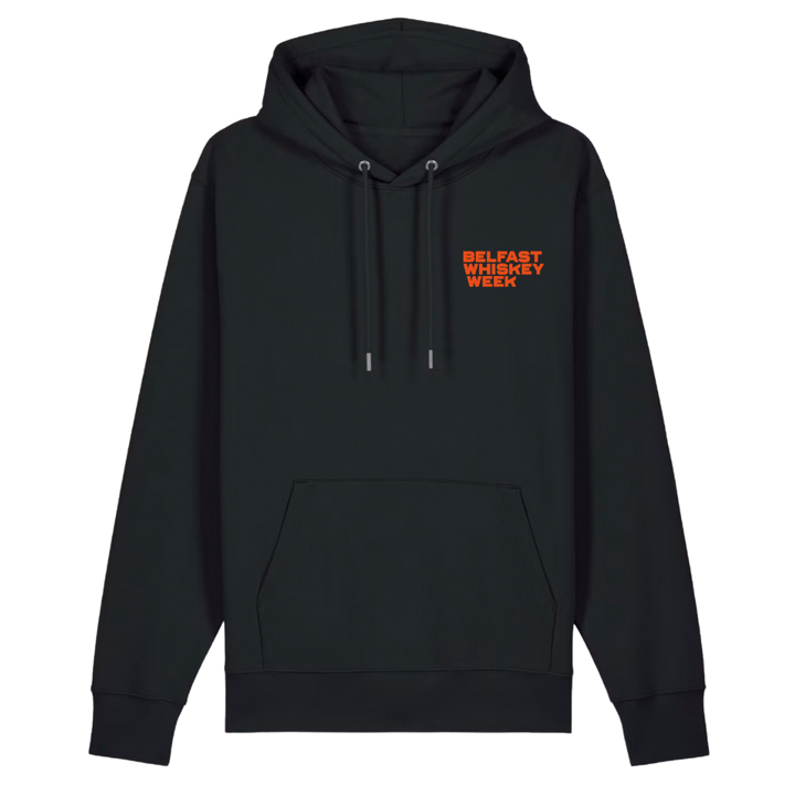 Front of black Belfast Whiskey Week hoodie featuring orange chest logo, What Whiskey Can't Fix edition