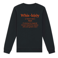 Back of black Belfast Whiskey Week sweatshirt with humorous orange whiskey dictionary definition and Irish craic slogan