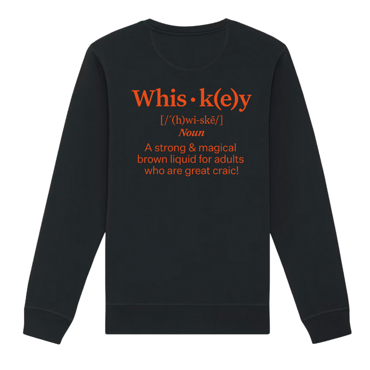 Back of black Belfast Whiskey Week sweatshirt with humorous orange whiskey dictionary definition and Irish craic slogan