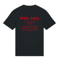 Belfast Whiskey Week black T-shirt back with red whiskey dictionary definition and Irish craic humour slogan