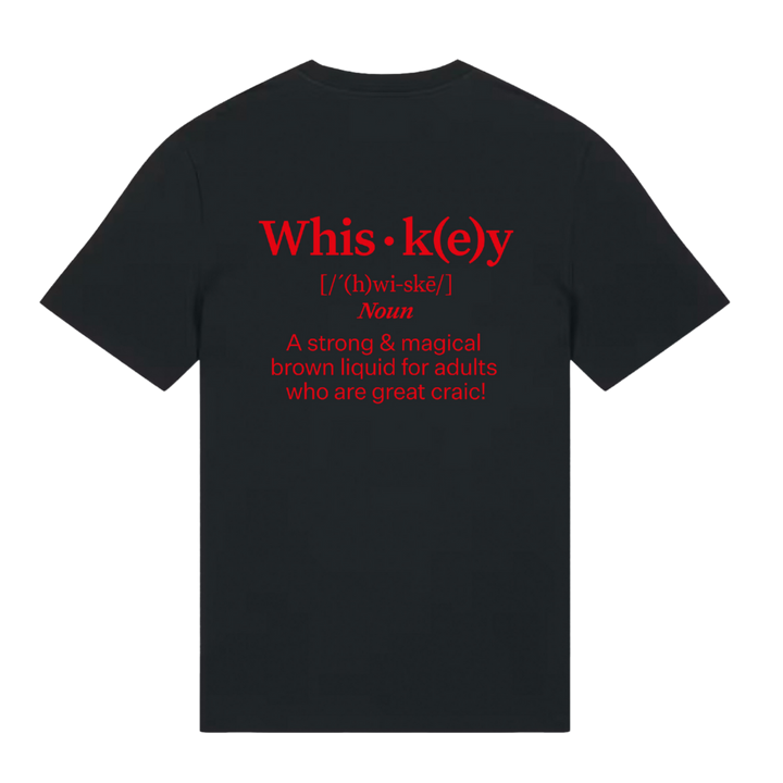 Belfast Whiskey Week black T-shirt back with red whiskey dictionary definition and Irish craic humour slogan