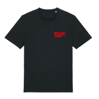 Belfast Whiskey Week black t-shirt with red chest logo print, official festival merchandise
