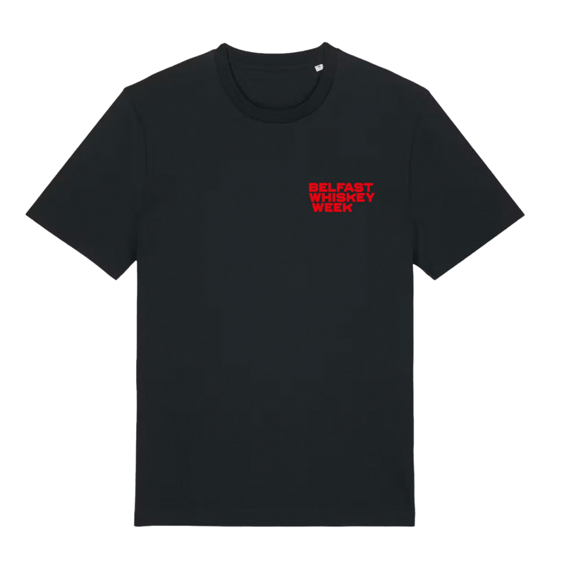 Belfast Whiskey Week black t-shirt with red chest logo print, official festival merchandise
