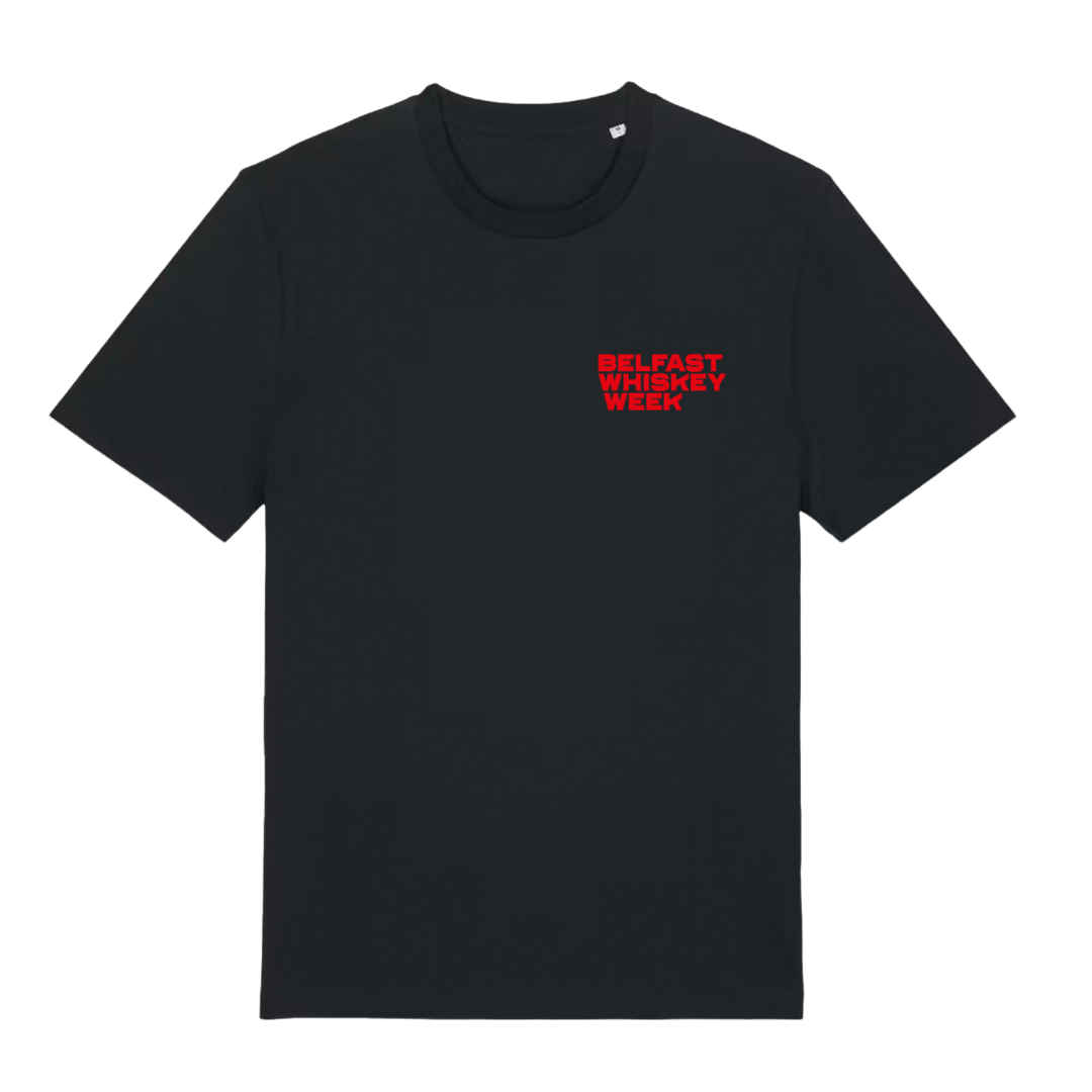 Belfast Whiskey Week black t-shirt with red chest logo print, official festival merchandise