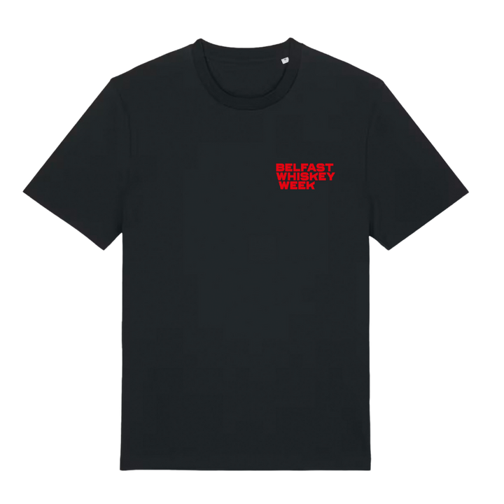 Belfast Whiskey Week black t-shirt with red chest logo print, official festival merchandise