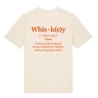 Back of Belfast Whiskey Week cream t-shirt with orange whiskey noun dictionary definition graphic