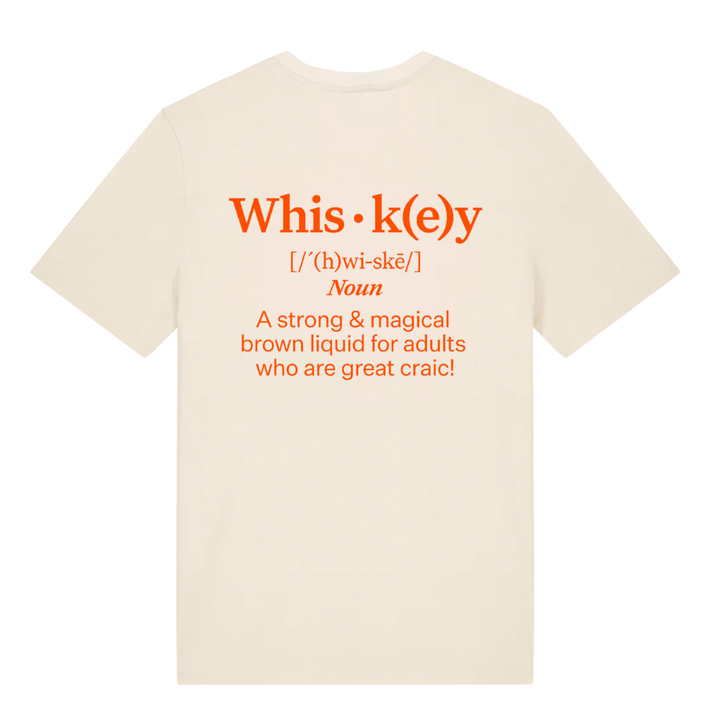 Back of Belfast Whiskey Week cream t-shirt with orange whiskey noun dictionary definition graphic