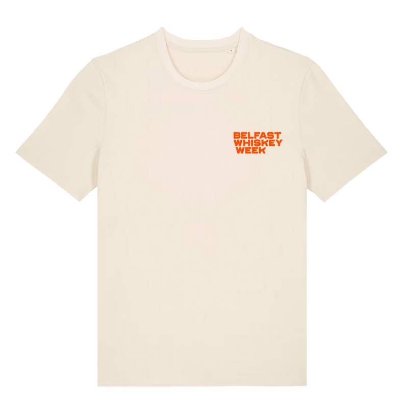 Belfast Whiskey Week cream t-shirt front view with bold orange chest logo print, festival merchandise