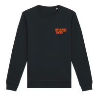 Front of black Belfast Whiskey Week merchandise sweatshirt with bold orange logo on left chest