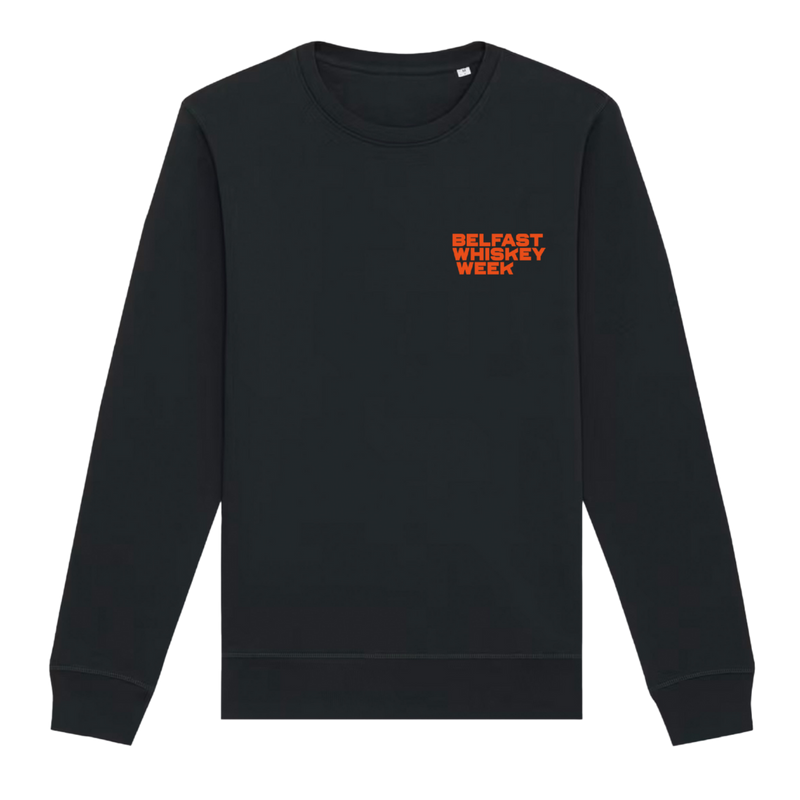 Front of black Belfast Whiskey Week merchandise sweatshirt with bold orange logo on left chest