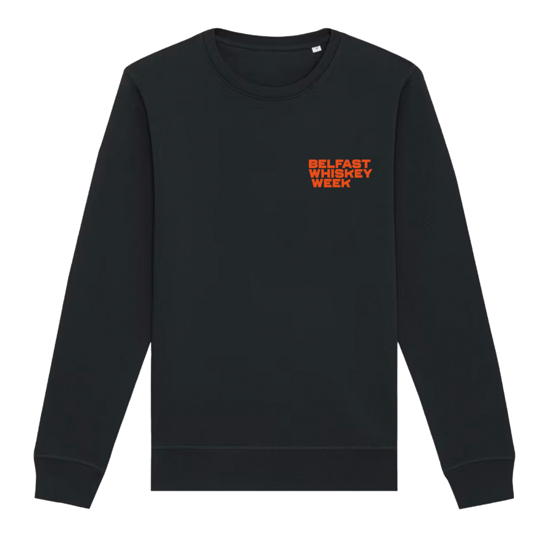 Front of black Belfast Whiskey Week merchandise sweatshirt with bold orange logo on left chest