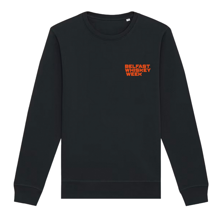 Front of black Belfast Whiskey Week merchandise sweatshirt with bold orange logo on left chest