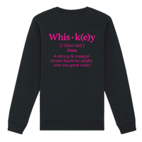 Black Belfast Whiskey Week sweatshirt back print with pink whiskey dictionary definition and craic slogan