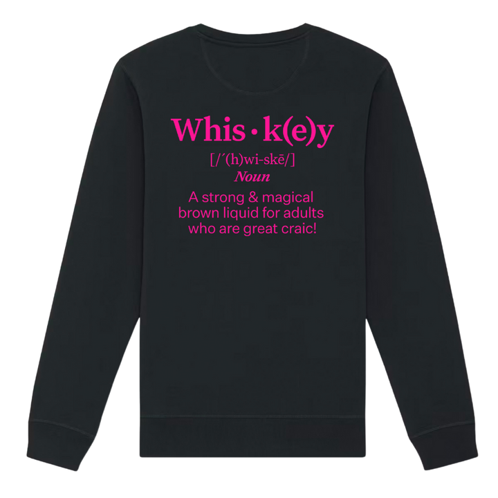 Black Belfast Whiskey Week sweatshirt back print with pink whiskey dictionary definition and craic slogan