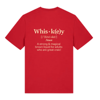 Back of Belfast Whiskey Week red t-shirt showing humorous whiskey dictionary definition print