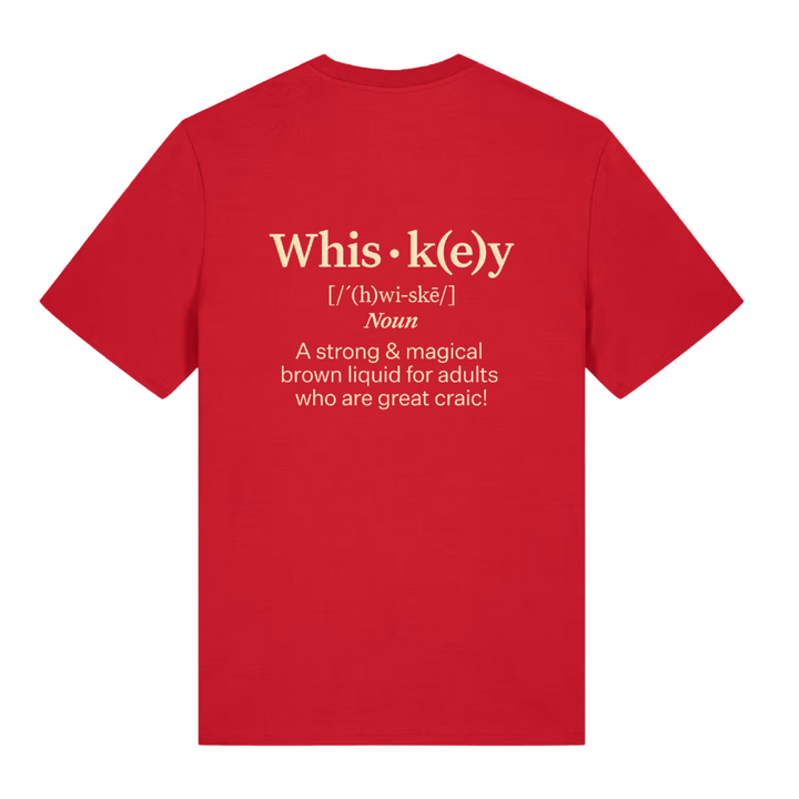 Back of Belfast Whiskey Week red t-shirt showing humorous whiskey dictionary definition print