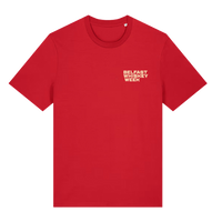 Belfast Whiskey Week red t-shirt front view with cream chest logo, official whiskey festival merchandise