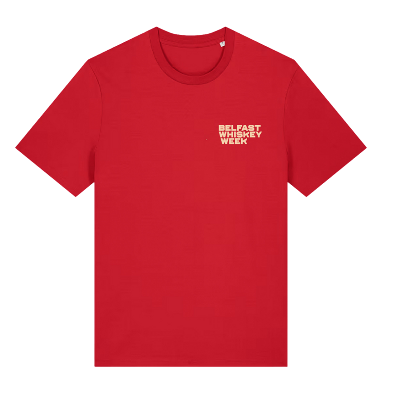 Belfast Whiskey Week red t-shirt front view with cream chest logo, official whiskey festival merchandise