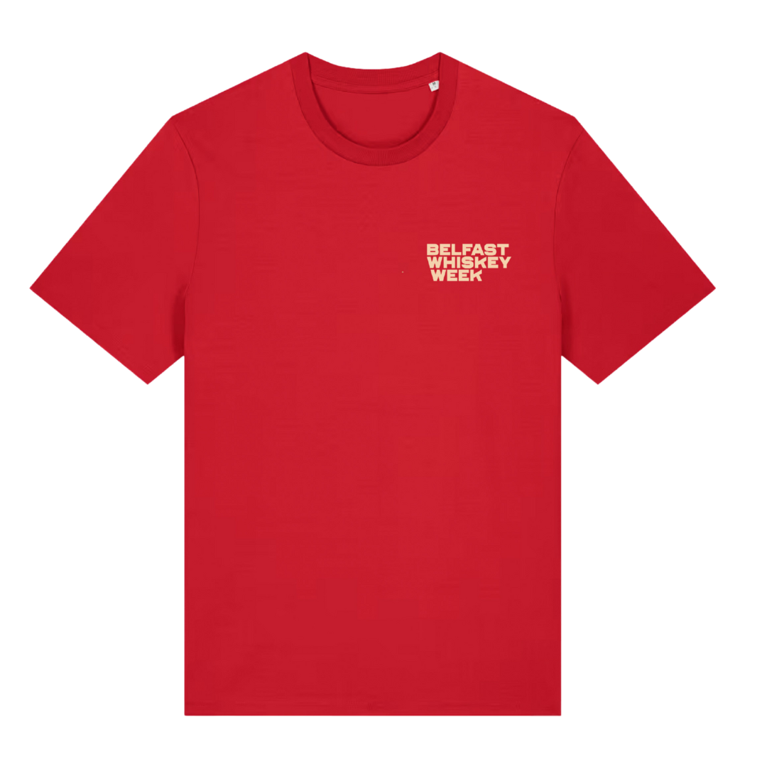 Belfast Whiskey Week red t-shirt front view with cream chest logo, official whiskey festival merchandise