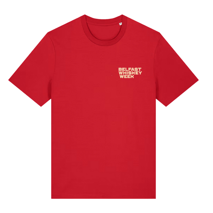 Belfast Whiskey Week red t-shirt front view with cream chest logo, official whiskey festival merchandise